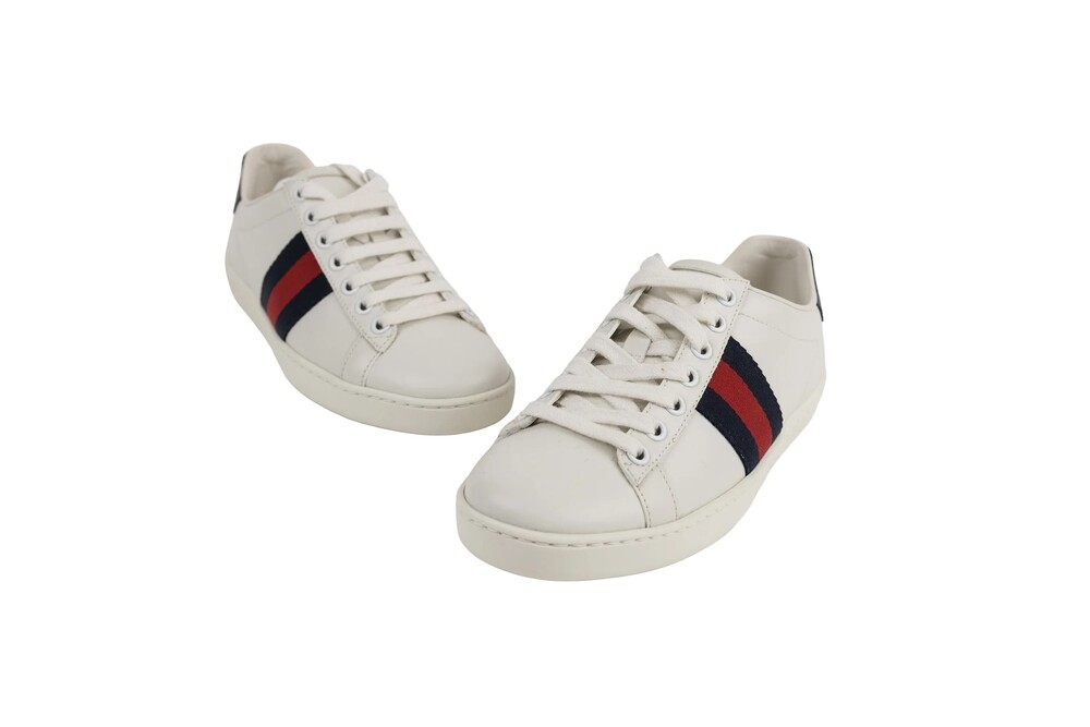 Gucci White Red Navy Leather Ace Web Stripe Sneaker Size 34